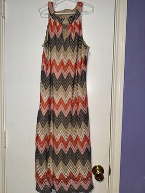 Sleeveless Chevron Maxi Dress in Coral, Pink & Neutral